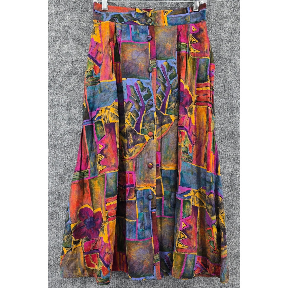 Vtg In Group LTD Skirt Womens 10 Multicolor Abstract Art Print Button Front USA